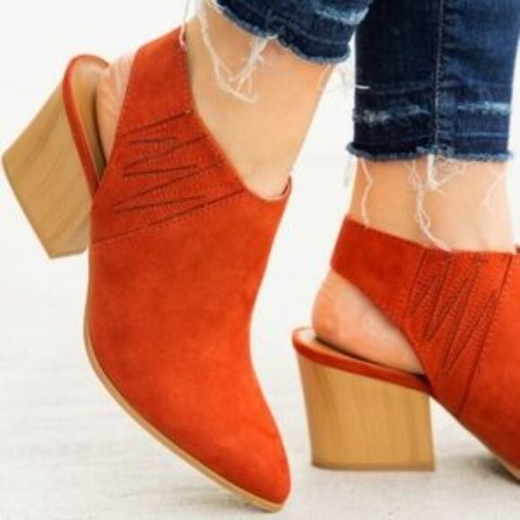 Qupid pointed toe chunky wood heel brick fox open back bootie womans sz 6 - Picture 2 of 12